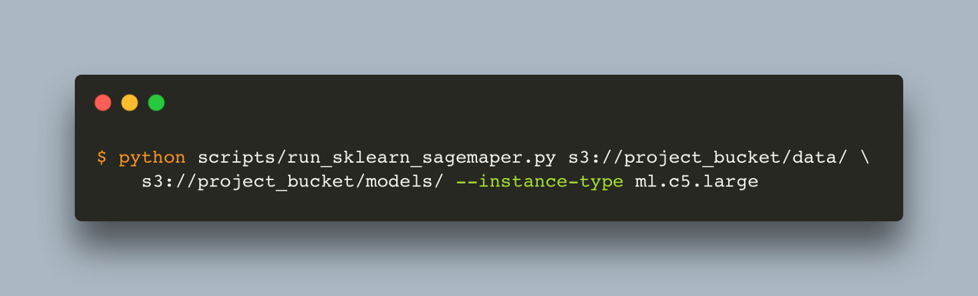run-sagemaker-sklearn(/images/run-sagemaker-sklearn.png#center)
If we now change the instance type to one of the instances SageMaker works with (complete list here) and pass an s3 path to our data and models folder, the training will happen in the cloud.
![run-sklearn-sagemaker-cloud